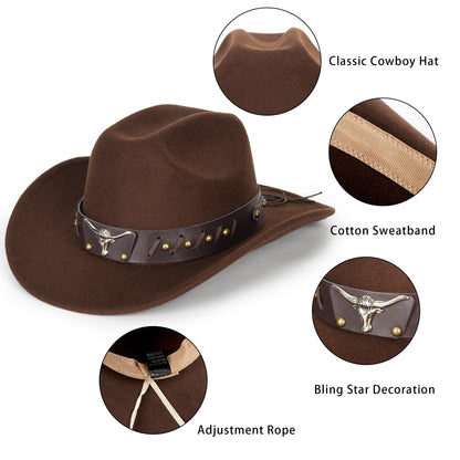 Womens Western-Cowboy-Hats Classic Felt-Hats - Rodeo Wide-Brim-Cowgirl Jazz-Hat with Buckle Belt(Lagre)