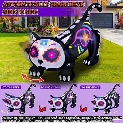 [ Shakable Head ] 5 Ft Day of The Dead Halloween Inflatables Skeleton Black Cat with Sugar Skull, Dia De Los Muertos Decorations Blow Up Calaveras Cat Decorations with Built-in LEDs Yard Lawn Garden