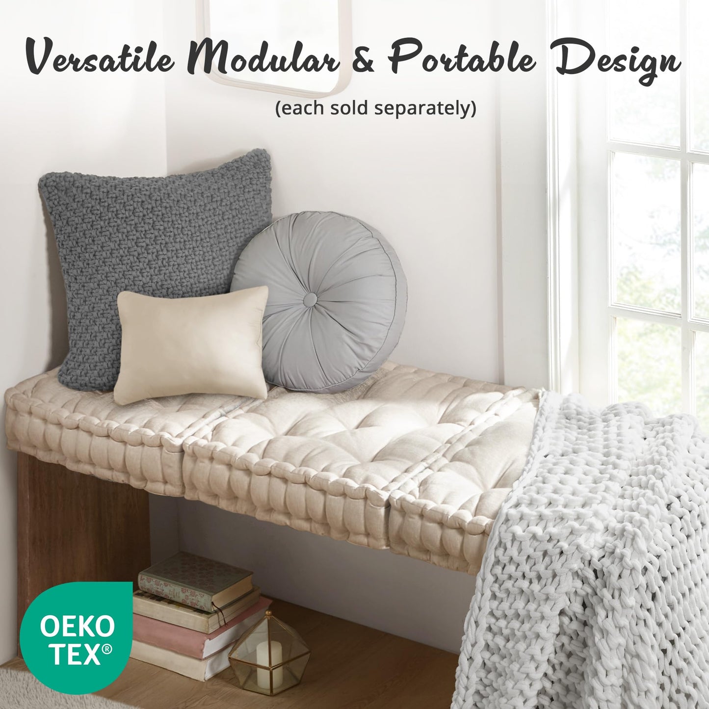 Intelligent Design Azza Floor Pillow, Large Cushions Sitting for Adults, Floor Pillow for Meditation or Yoga, Lustrous Chenille Tufted with Scalloped Edges for Bench/Chair Cushion, 20"x20"x5" Ivory