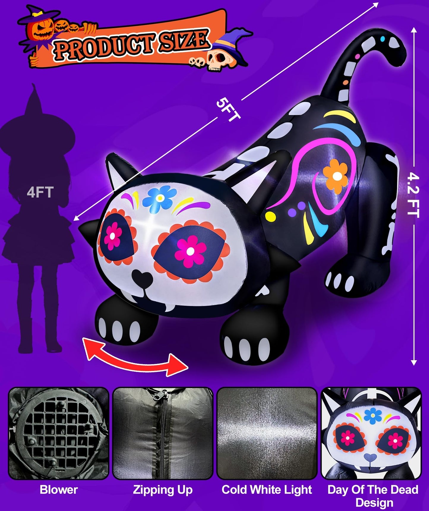 [ Shakable Head ] 5 Ft Day of The Dead Halloween Inflatables Skeleton Black Cat with Sugar Skull, Dia De Los Muertos Decorations Blow Up Calaveras Cat Decorations with Built-in LEDs Yard Lawn Garden