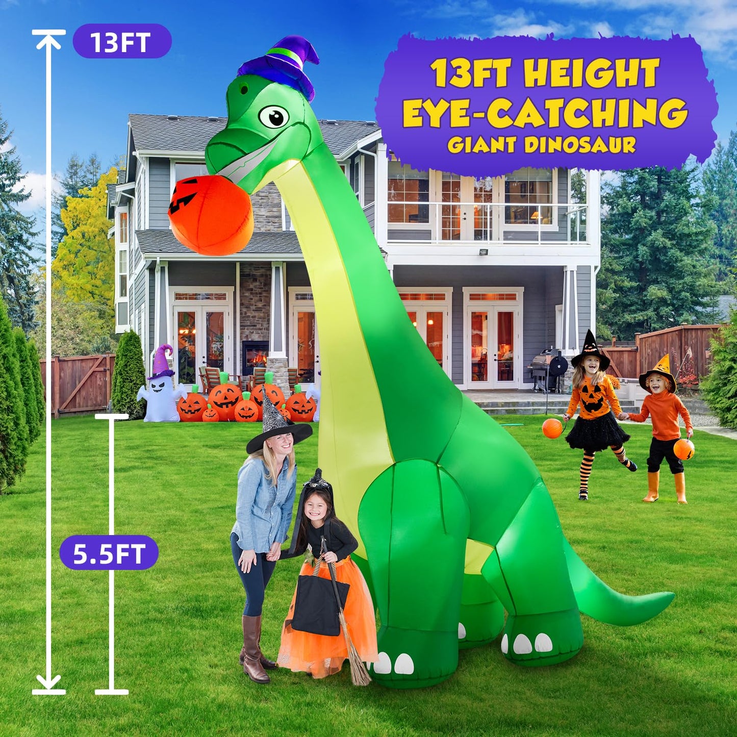zukakii 13Ft Giant Halloween Dinosaur Inflatable Decorations, Bite Large Pumpkin with Witch Hat Build-in LED Light Strong Blower Huge Blow Up Yard Clearance Decor for Outdoor Indoor Holiday Party Yard