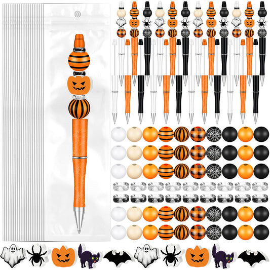 Zhanmai 197 Pcs Halloween Beadable Pen Bulk DIY Pens Making Kit 24 Assorted Bead Pens 101 Pumpkin Ghost Bat Spider Halloween Beads 24 Packaging Bags 48 Spacer Beads for Kids Office School Supplies