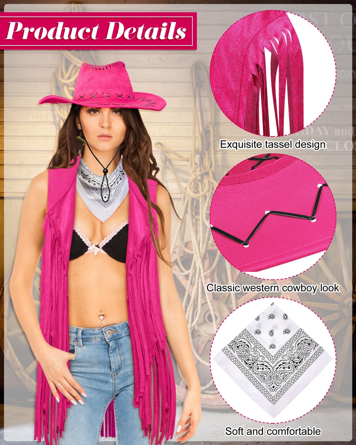 Xtinmee 4 Pcs Halloween Western Cowgirl Outfits Set Women Tassel Vest Cowboy Hat Dangle Drop Earring Paisley Bandana Dress up(Medium,Pink)