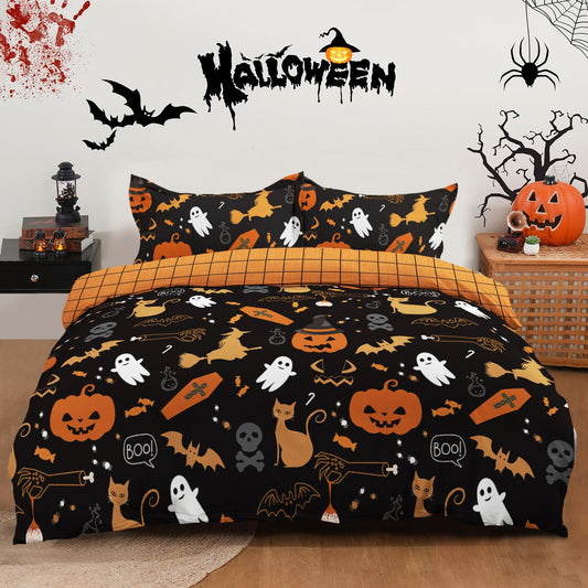 WONGS BEDDING Halloween Duvet Cover Set Queen Size,Black Bedding Set with Halloween Theme Pumpkin Witch Ghost Skull Black Cat Bat Patterns Duvet Cover for Halloween 90"x90"(Not Comforter)