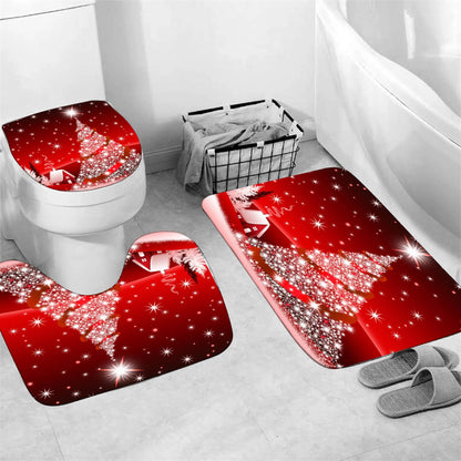 Yddsky 4PCS Red Christmas Tree Shower Curtain Sets, Christmas Village Printed Shower Curtain Sets with Rugs, Toilet Lid Cover and Bath Mat for Bathroom Set Decor Christmas Bathroom Decor Theme
