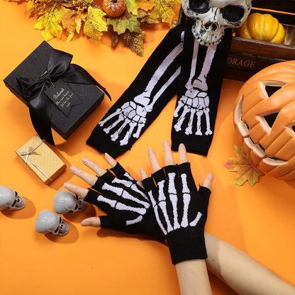 Zhanmai 2 Pairs Halloween Skeleton Gloves Elastic Knitted Fingerless Hand Warmer Unisex Warm Half Finger Gloves for Men and Women