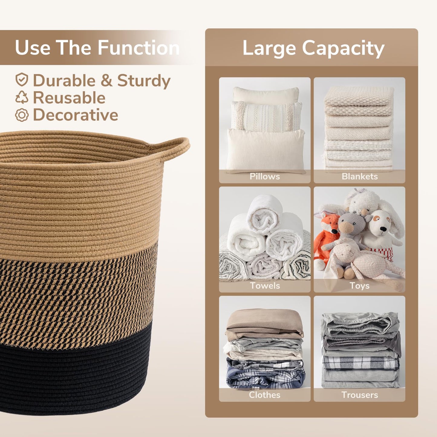 INDRESSME Laundry Basket Large Laundry Hamper, Woven Baskets for Storage, 17.8" x 15.8" x 13.8", Wicker Laundry Basket for Living Room, Dirty Clothes Basket, Baby Hamper for Nursery, Black & Jute