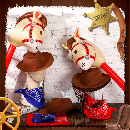 Xtinmee 36 Pcs Cowboy Party Costume Set, Cowboy Hats Paisley Bandanas Inflatable Stick Horses Kids Halloween Party Supplies(Classic Style,Brown)
