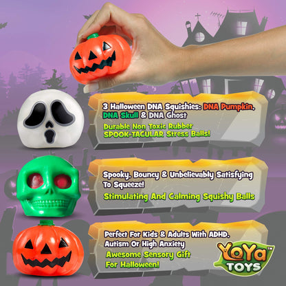 YoYa Toys Spooky DNA Stress Balls (3 Pack) - Halloween Squishy Gift - Pumpkin, Ghost, Skull Squeeze Balls for Kids and Adults - Sensory Fidget Toy - Promote Anxiety, Stress Relief, Calm Focus and Play