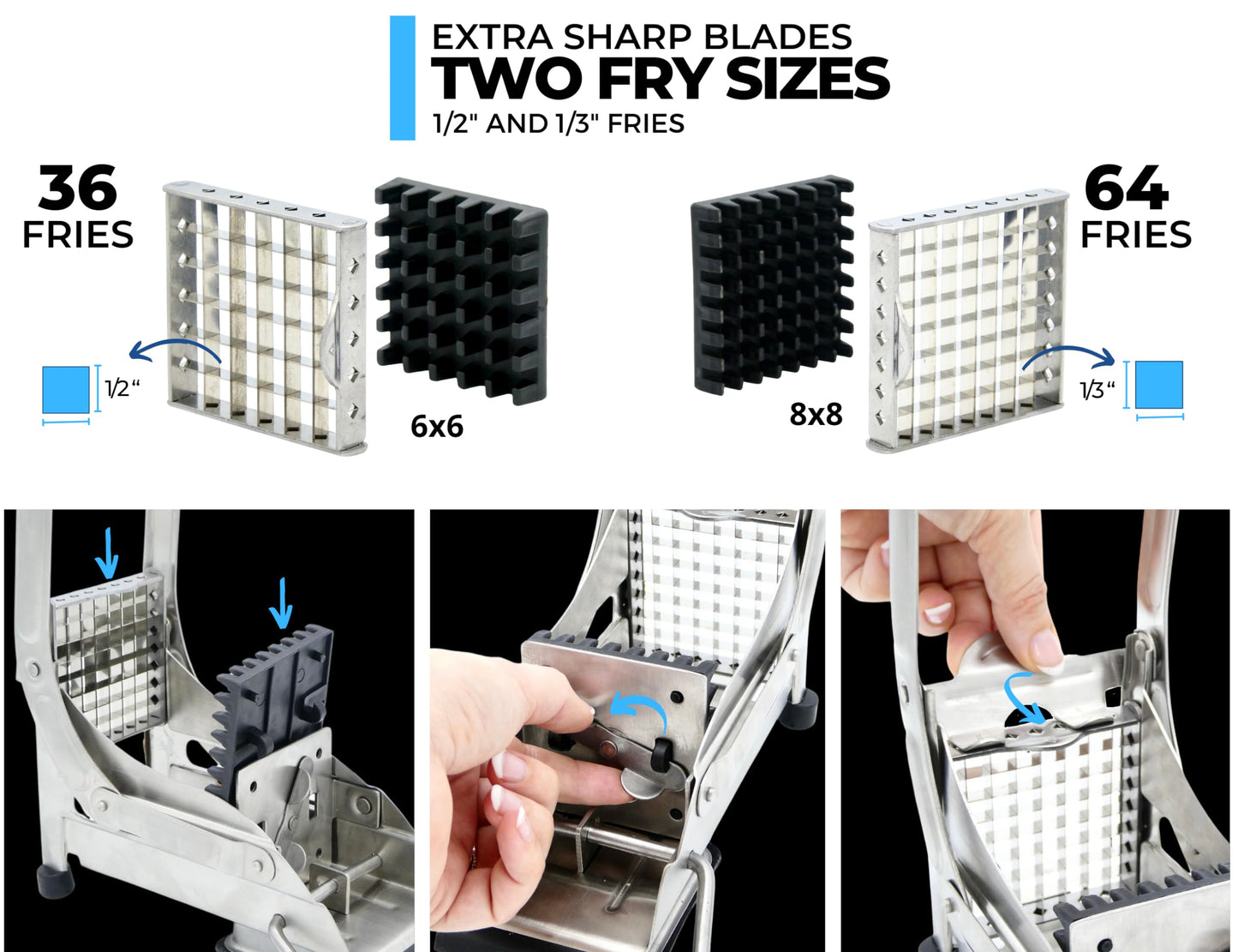 ICO French Fry Cutter, 2-blade Potato Slicer, French Fry Cutter For Potatoes with Non-slip Suction Lock Technology, Stainless Steel French Fry Press