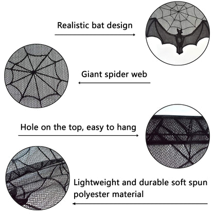 ZeeDix 2 Pcs Halloween Black Lace Bat Window Curtains- Spiderweb Tablecloth Bat Shower Curtain Window Valance Spider Cobweb Fireplace Mantles Scarf for Halloween Party Decor, Party Supplies