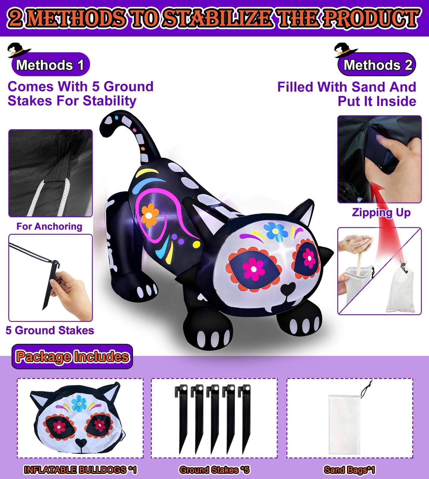 [ Shakable Head ] 5 Ft Day of The Dead Halloween Inflatables Skeleton Black Cat with Sugar Skull, Dia De Los Muertos Decorations Blow Up Calaveras Cat Decorations with Built-in LEDs Yard Lawn Garden