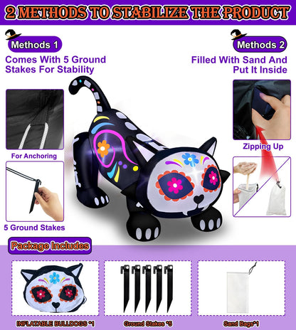 [ Shakable Head ] 5 Ft Day of The Dead Halloween Inflatables Skeleton Black Cat with Sugar Skull, Dia De Los Muertos Decorations Blow Up Calaveras Cat Decorations with Built-in LEDs Yard Lawn Garden