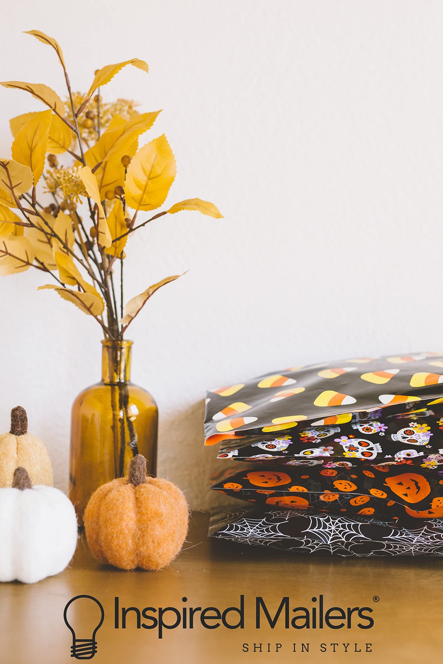 Inspired Mailers - Halloween Poly Mailers 10x13 Variety Pack of 40-10 each: Candy Corn, Ghosts, Orange Ghosts, Spiderwebs - Shipping Envelopes (10x13, 40 Pack)