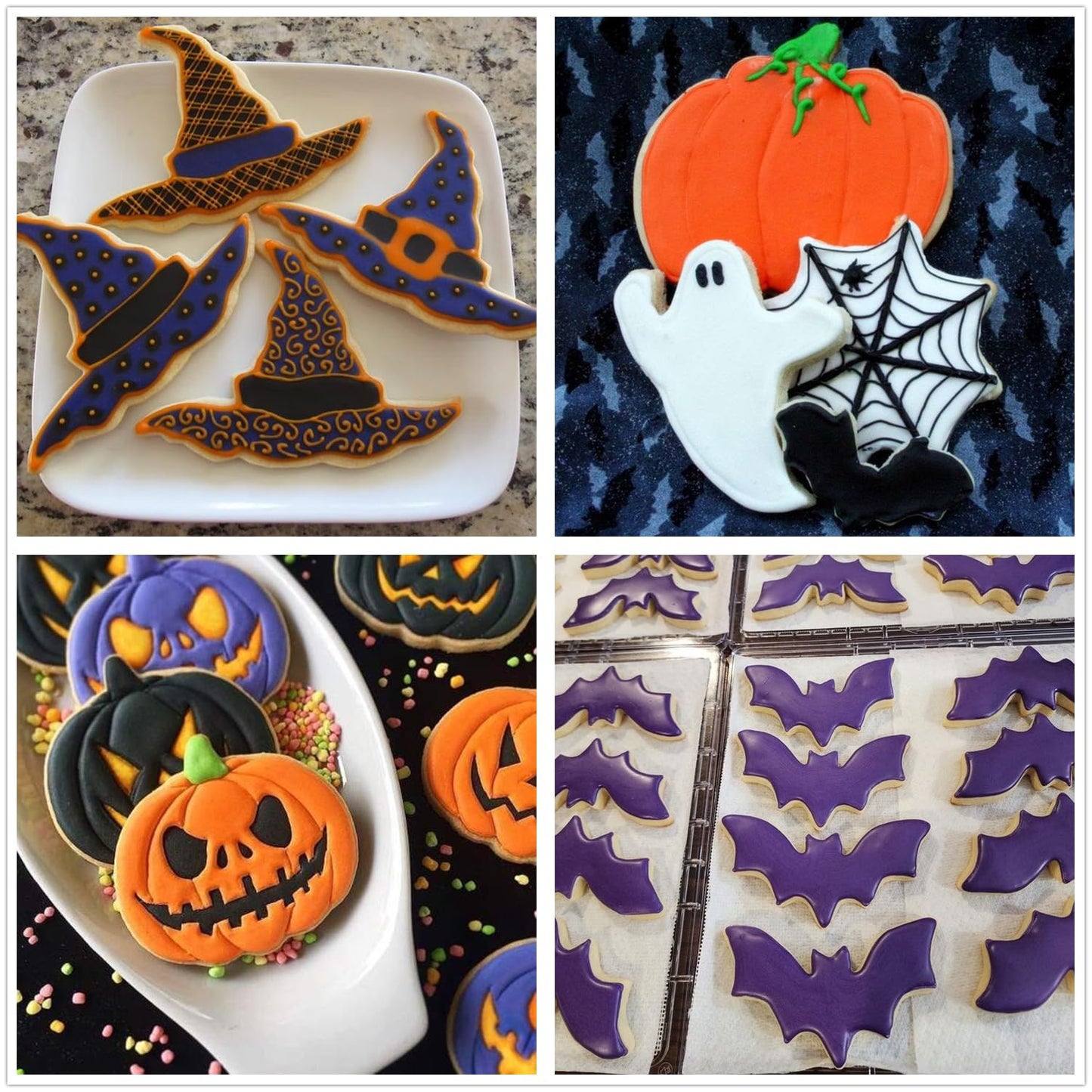 4PCS Large Halloween Cookie Cutters, Stainless Steel Metal Molds Pumpkin, Bat, Ghost, Wich's Hat Cookie Cutters with Decorating Instructions
