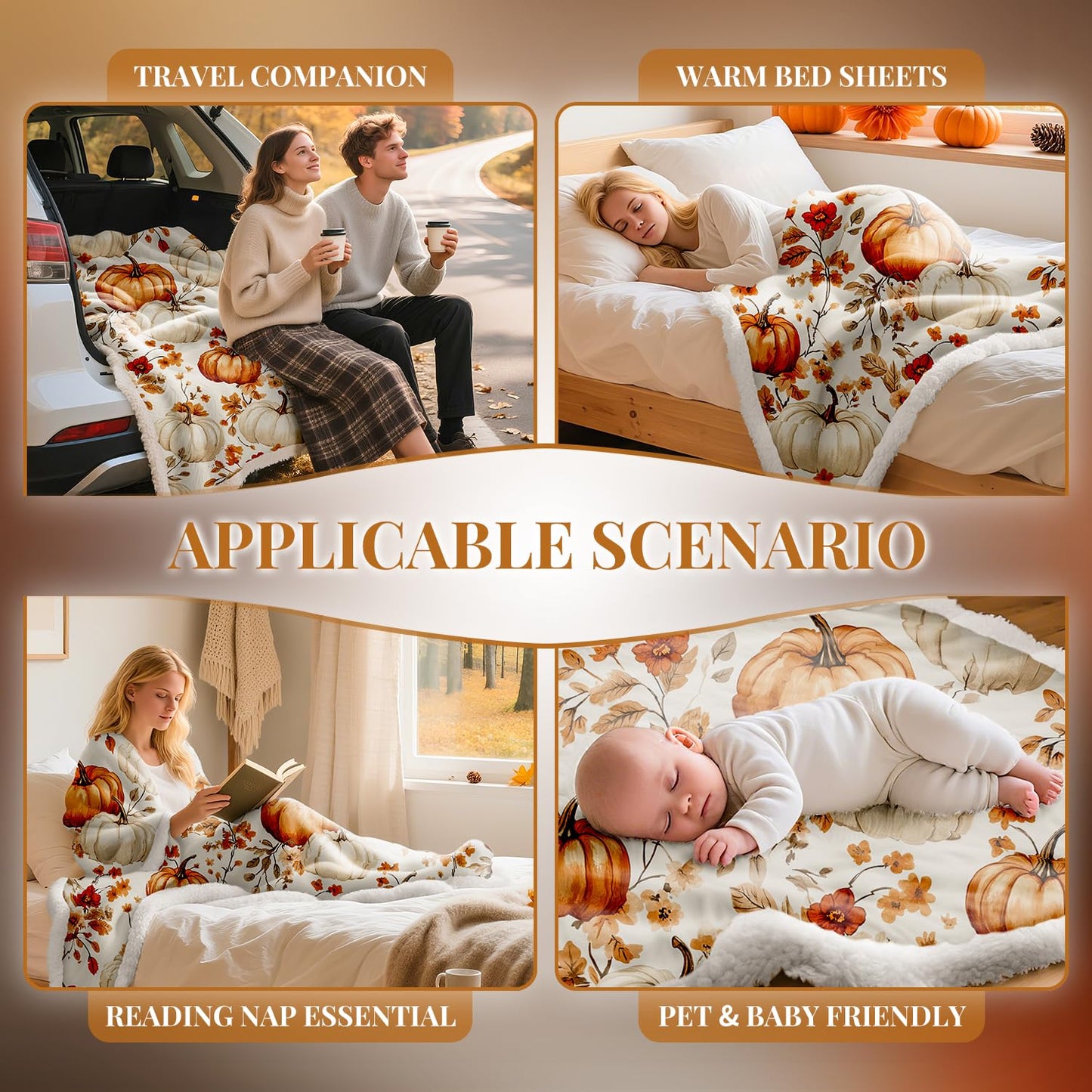 Lanpn Fall Pumpkin Flannel Throw Blanket, Soft Warm Flannel Sherpa Fleece Throws Orange Pumpkins Leaves Blanket for Couch Bed, Cozy Autumn Throw Blankets Farmhouse Thanksgiving Home Decor, 50"x60"