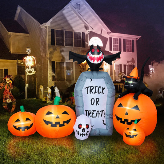 YOUBEMAGIC 7FT Long Halloween Inflatable Pumpkin Patch with Tombstone & Black Cat & Bat, Blow up Halloween Inflatable with Build-in LED Lights Outdoor Decorations Large Party Yard Decoration