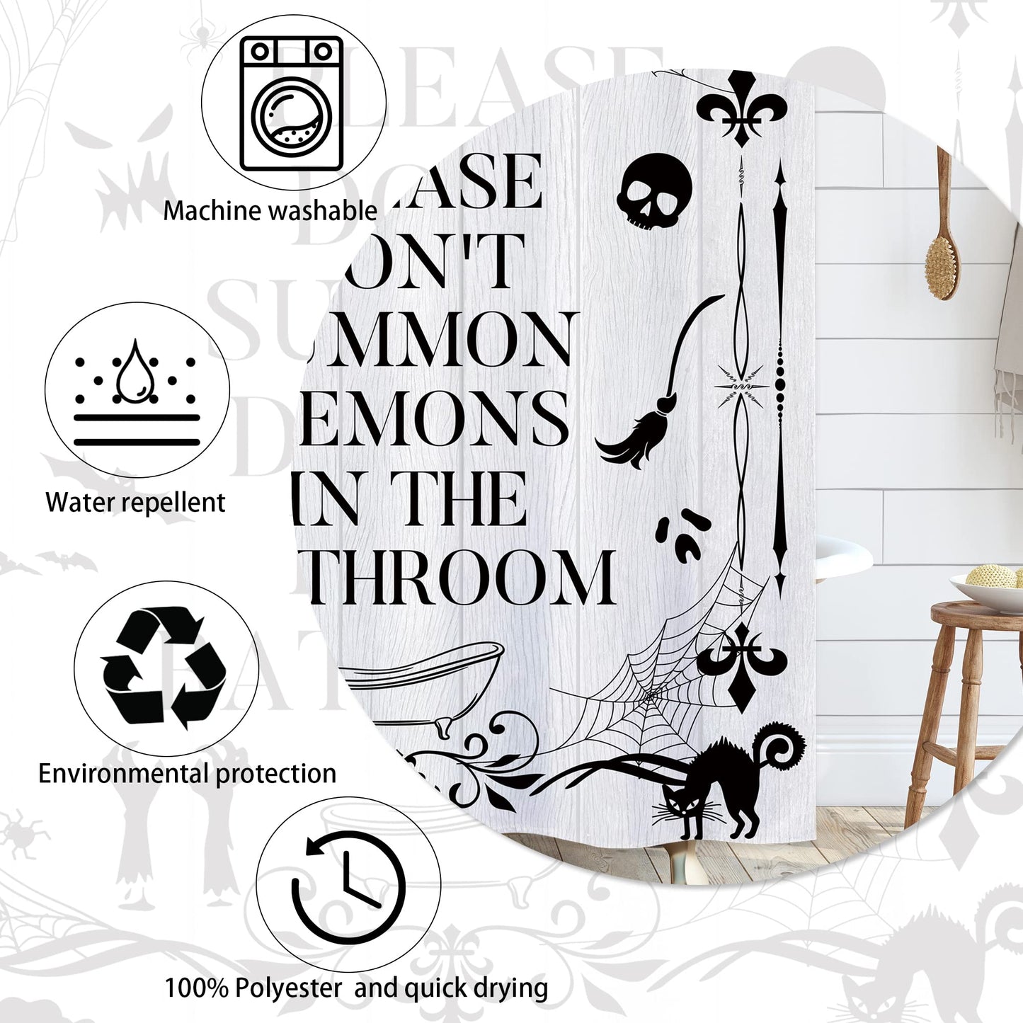 Laifzere Funny Toilet Rules Shower Curtain Gothic Halloween Goth Witchy Bathroom Signs Horror Fabric Shower Curtain for Bathtub 60x72 Inch