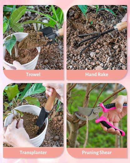 LANNIU Pink Gardening Tools, Garden Tool Set for Women,5 Piece Womens Gardening Kit with Floral Garden Bag,Gifts for Wife (5-Piece Pink)