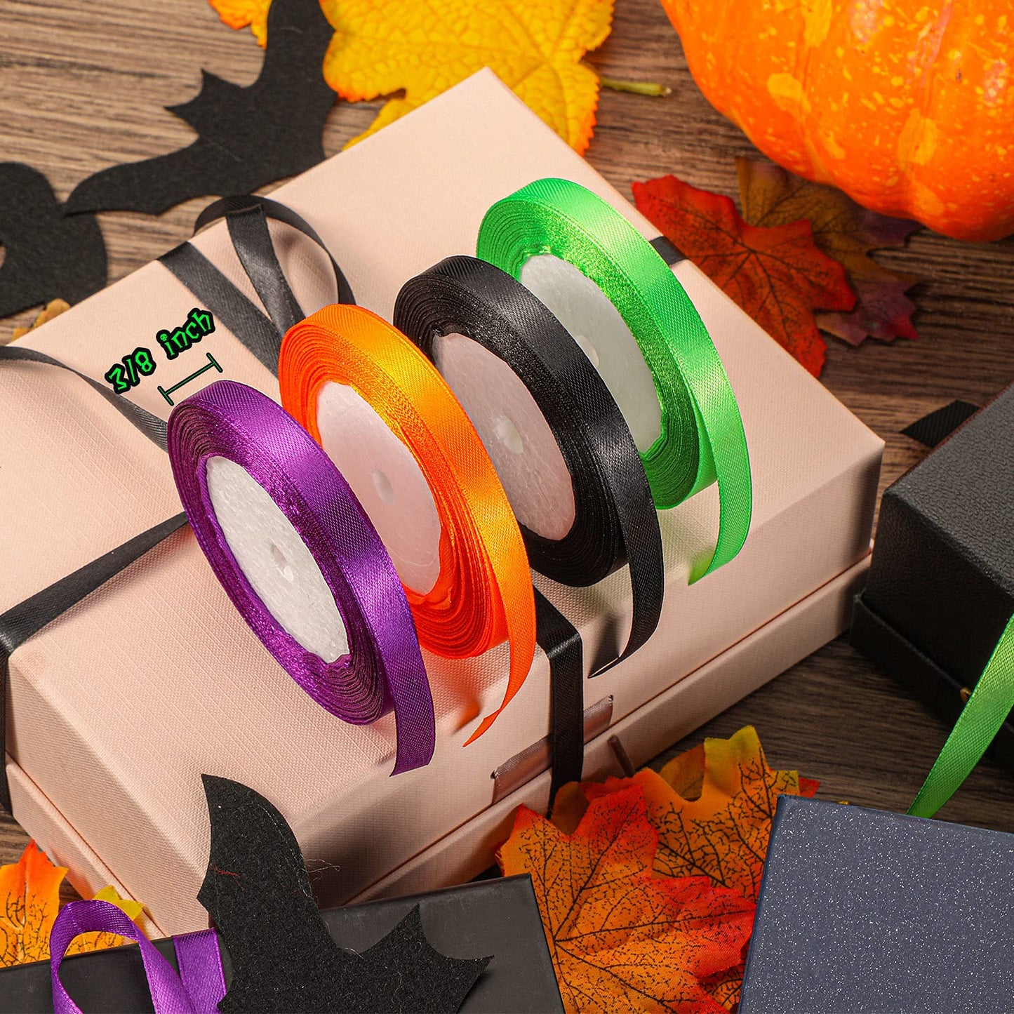 Xinnun 200Yard Halloween Satin Ribbon Wrapping 8 Roll Polyester 3/8 Inch Silk Ribbon for Christmas Halloween Party Decoration DIY Craft Supply(Orange, Black, Purple, Green)