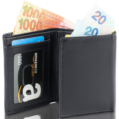 ID Stronghold Men's Leather Trifold Wallet - RFID Blocking - Black Wallet with Gift Box