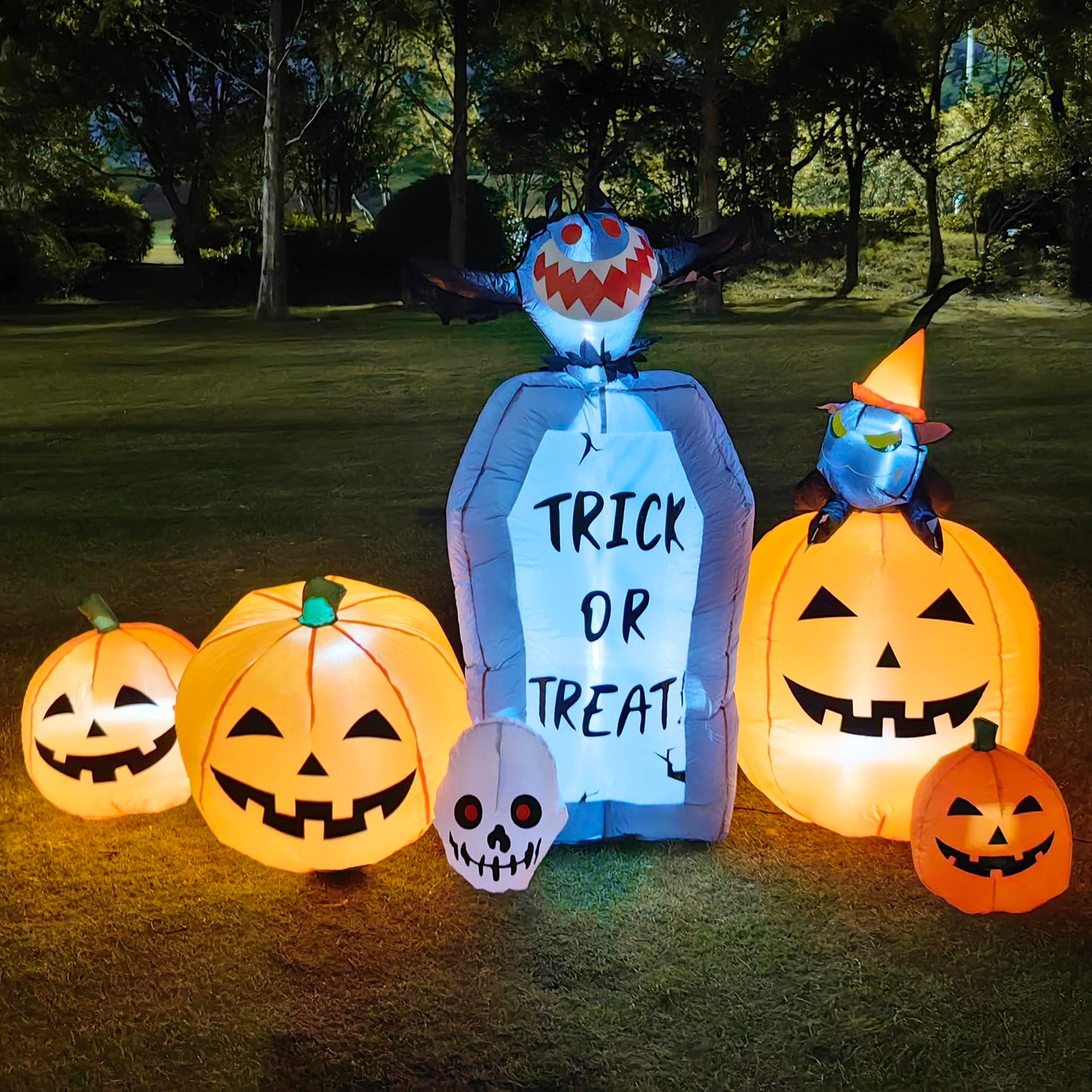YOUBEMAGIC 7FT Long Halloween Inflatable Pumpkin Patch with Tombstone & Black Cat & Bat, Blow up Halloween Inflatable with Build-in LED Lights Outdoor Decorations Large Party Yard Decoration