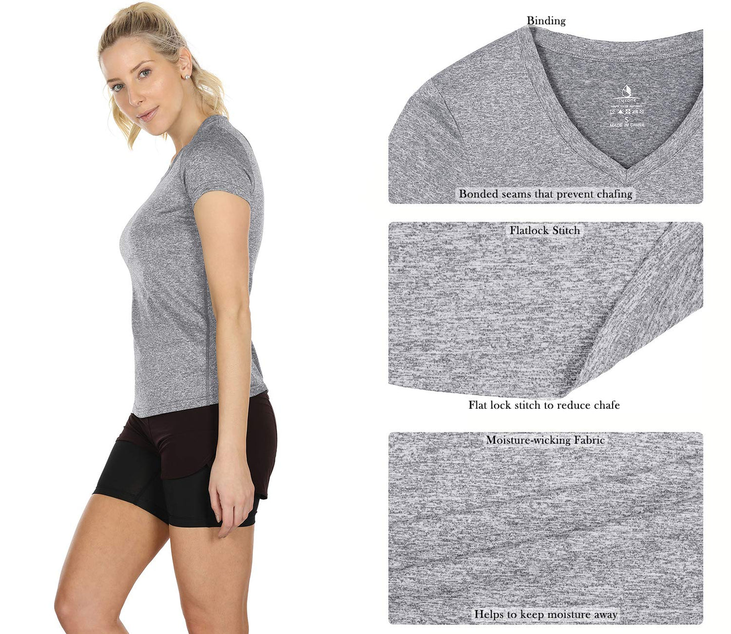 icyzone Workout Shirts Yoga Tops Activewear V-Neck T-Shirts for Women Running Fitness Sports Short Sleeve Tees (M, Black/Granite/Blue)