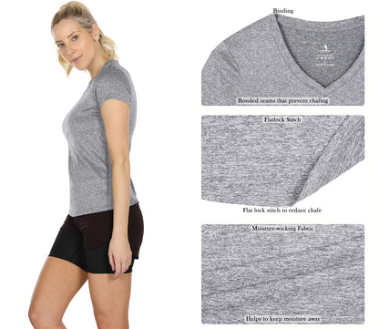 icyzone Workout Shirts Yoga Tops Activewear V-Neck T-Shirts for Women Running Fitness Sports Short Sleeve Tees (M, Black/Granite/Blue)
