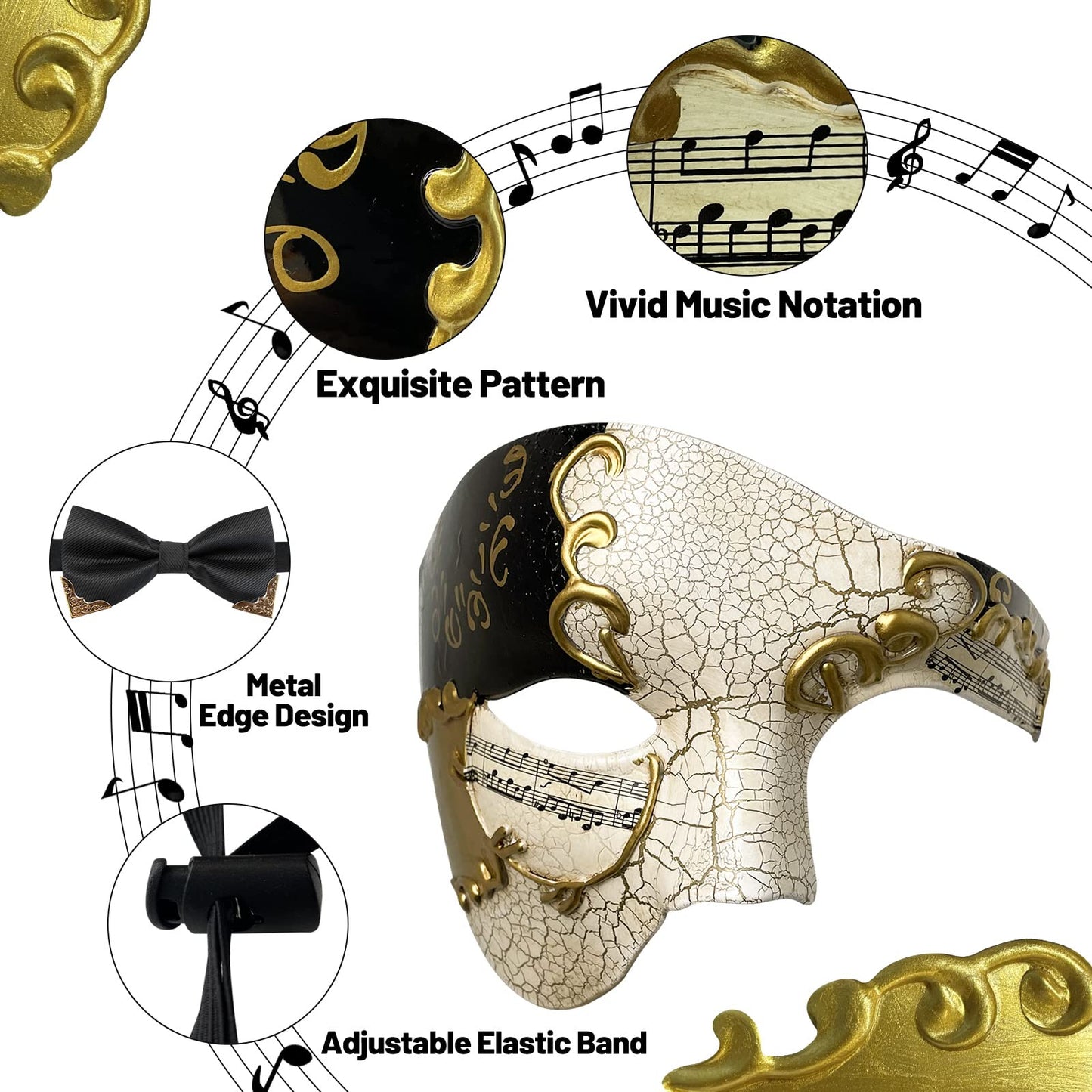 IncreDecor Masquerade Mask for Men Phantom of The Opera Half Face Mask with Bowtie, Venetian Masks for Halloween Party (Black)
