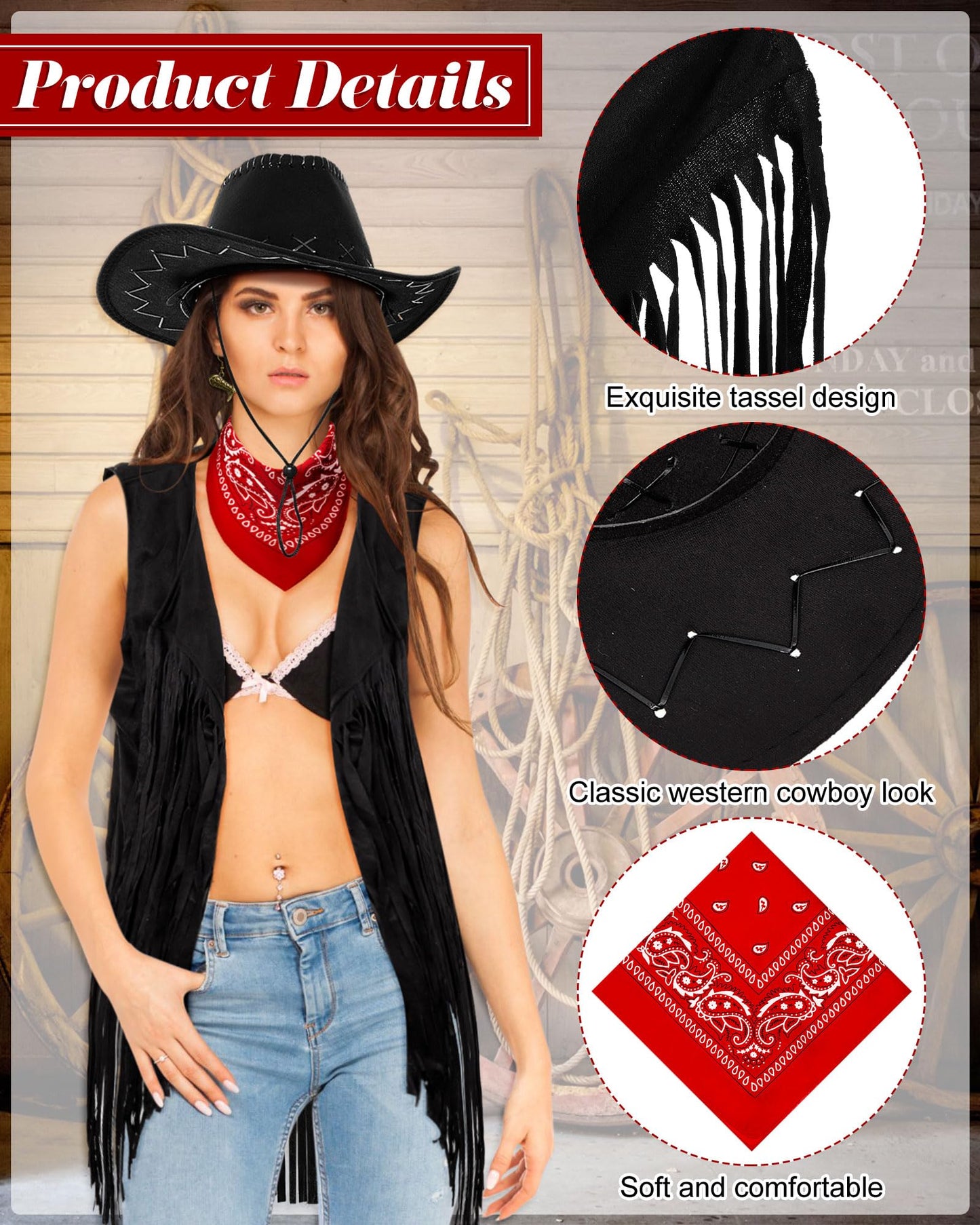 Xtinmee 4 Pcs Halloween Western Cowgirl Outfits Set Women Tassel Vest Cowboy Hat Dangle Drop Earring Paisley Bandana Dress up(Small,Black)