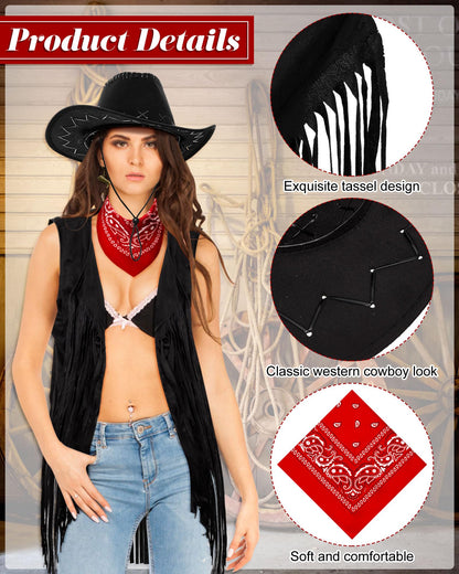 Xtinmee 4 Pcs Halloween Western Cowgirl Outfits Set Women Tassel Vest Cowboy Hat Dangle Drop Earring Paisley Bandana Dress up(Small,Black)