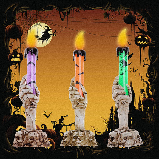 YBB 3 Pack Halloween Skeleton Hand Candle Holder Light, Skull Ghost Flameless Candle Lamp for Halloween Party Table Centerpiece Decoration (Green, Orange, Purple)