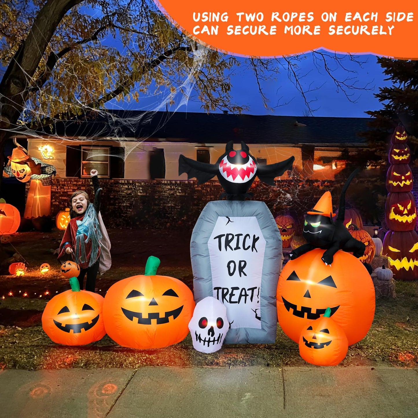 YOUBEMAGIC 7FT Long Halloween Inflatable Pumpkin Patch with Tombstone & Black Cat & Bat, Blow up Halloween Inflatable with Build-in LED Lights Outdoor Decorations Large Party Yard Decoration