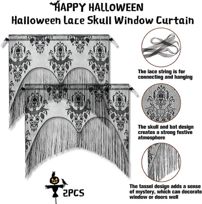 ZeeDix 2 Pcs Halloween Lace Skull Window Curtain- Black Tassel Door Curtain for Halloween Home Party Decorations, Party Supplies