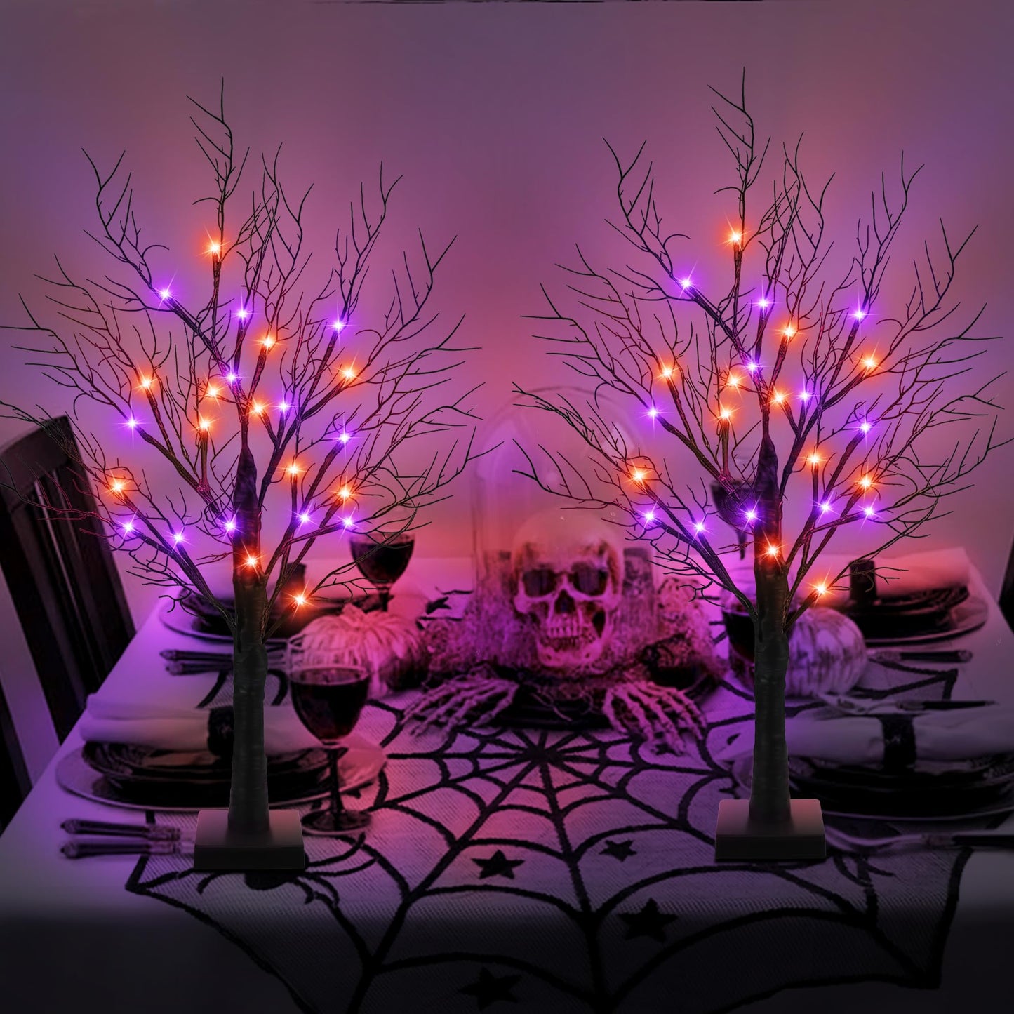 [Timer] 2 Pack Halloween Decorations Indoor, 24 Inch Halloween Tree with 24 Orange & Purple Lights, USB & Battery Operated Black Spooky Tree Halloween Table Decorations Indoor Home Party Decor Room