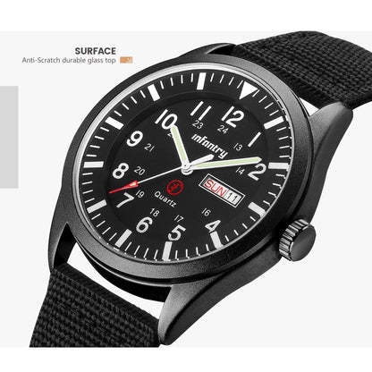 Infantry Mens Military Army Outdoor Sport Watch Field Tactical Black Wrist Watches for Men Waterproof 24 Hour Work Date Day Analog Wristwatch Nylon Band