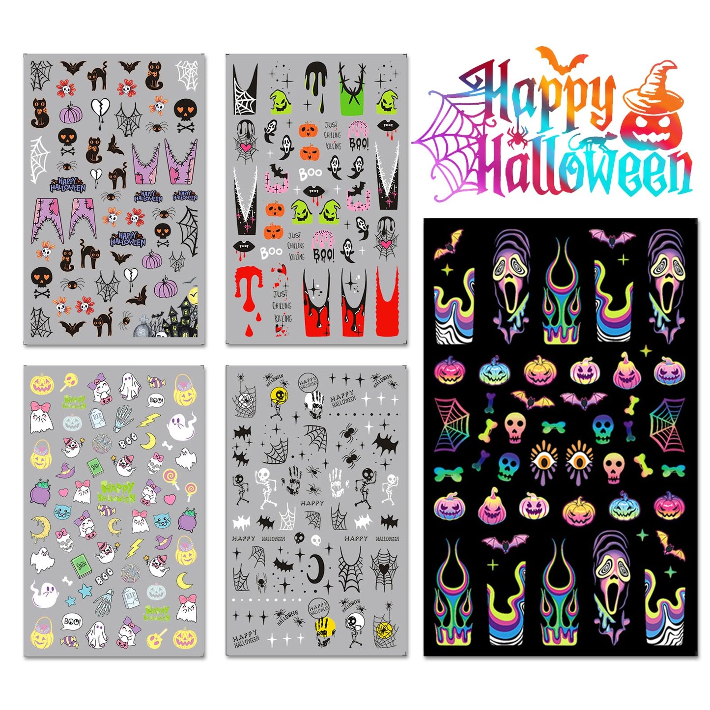 IDDFEVE Halloween Nail Art Stickers, Gradient Pumpkin, Horror Mask Nail Decals, 3D Self-Adhesive Spider-Web Bat Design for DIY Nail Supplies Decoration (5 Sheets)