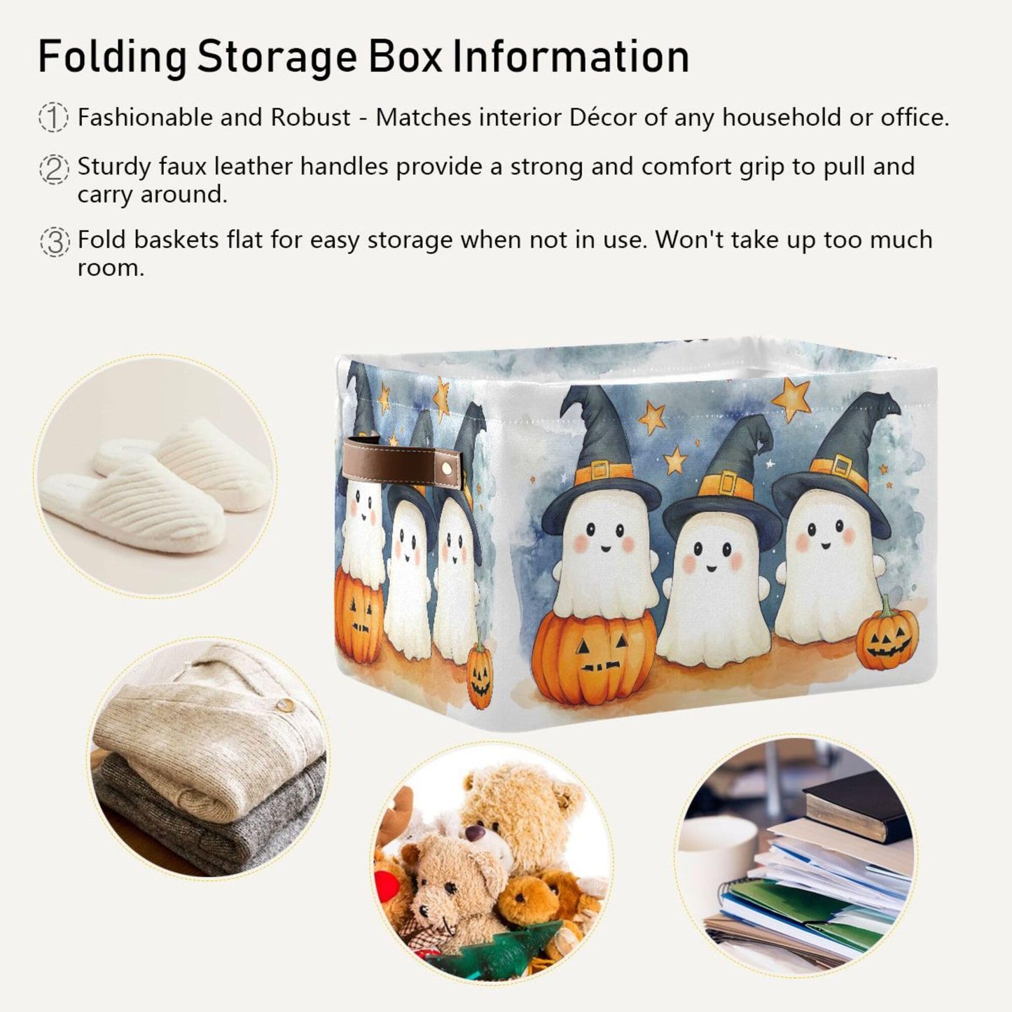 xigua Cute Cartoon Ghosts Storage Basket Foldable Storage Bin, Canvas Rectangular Storage Basket with Leather Handles for Home Closet & Office Decoration