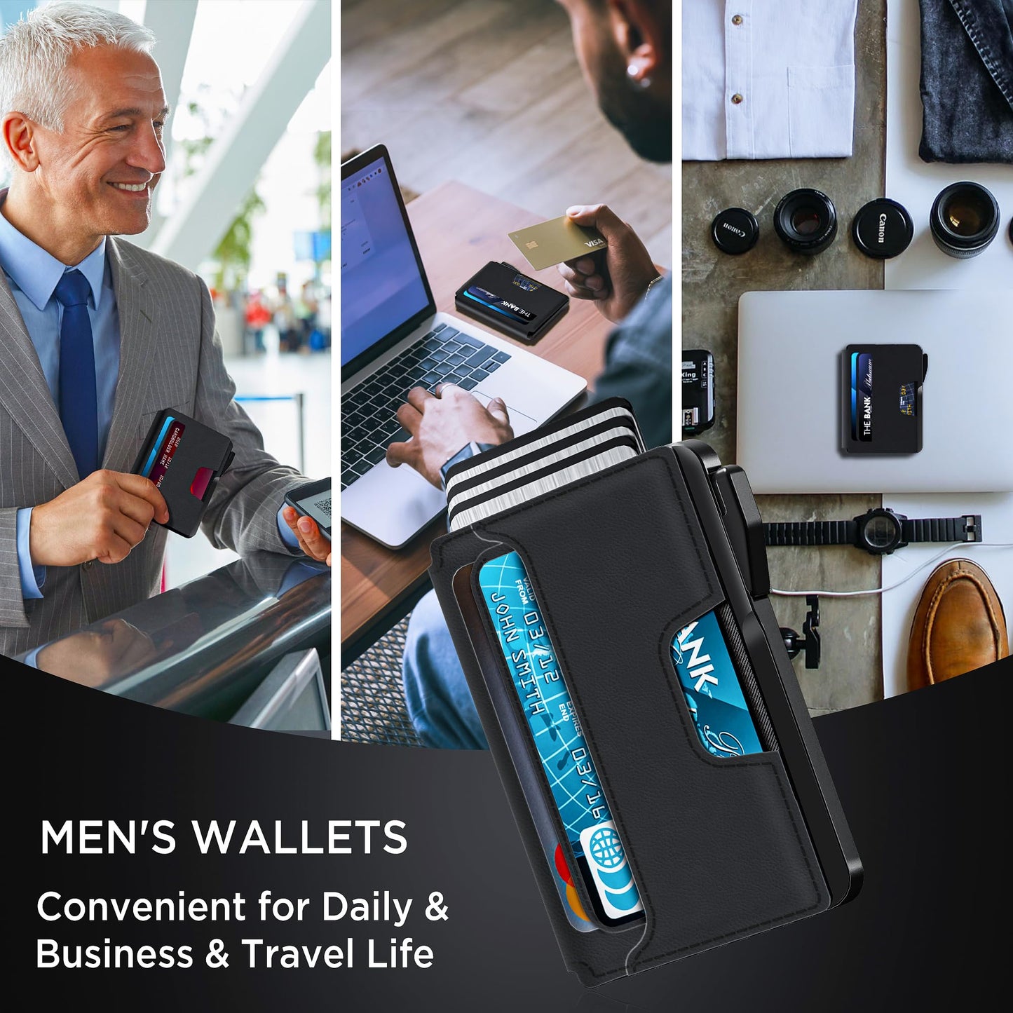 ILAOLIU Wallet for Men - Slim Leather Mens Wallet Pop up Card Holder with Money Clip,Credit Card Slots,ID Window - RFID Blocking Minimalist Wallet (Dark Black)