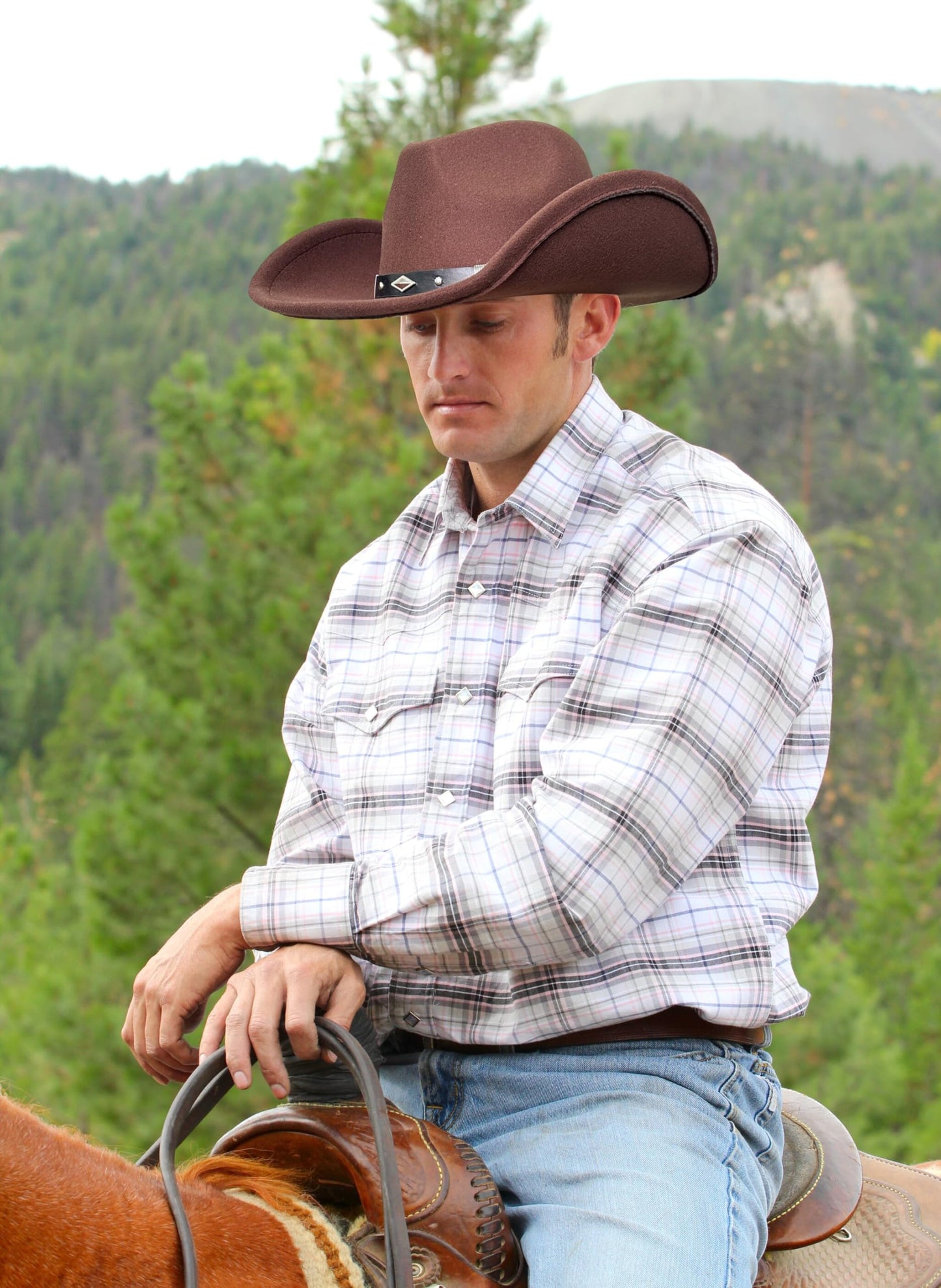 Lanzom Women Men Classic Felt Wide Brim Western Cowboy Cowgirl Hat with Belt Buckle(Medium-Large,Black)