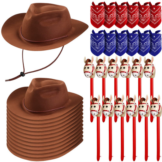 Xtinmee 36 Pcs Cowboy Party Costume Set, Cowboy Hats Paisley Bandanas Inflatable Stick Horses Kids Halloween Party Supplies(Classic Style,Brown)