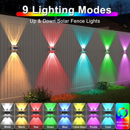 LANSOW Solar Fence Lights 12 Pack, Solar Powered Lights Outdoor Waterproof, 9-Mode Warm/Cool White & RGB Up-Down Led Spot Wall Lights Dusk to Dawn Decor for Backyard, Deck, Patio, Pool, Railing(White)