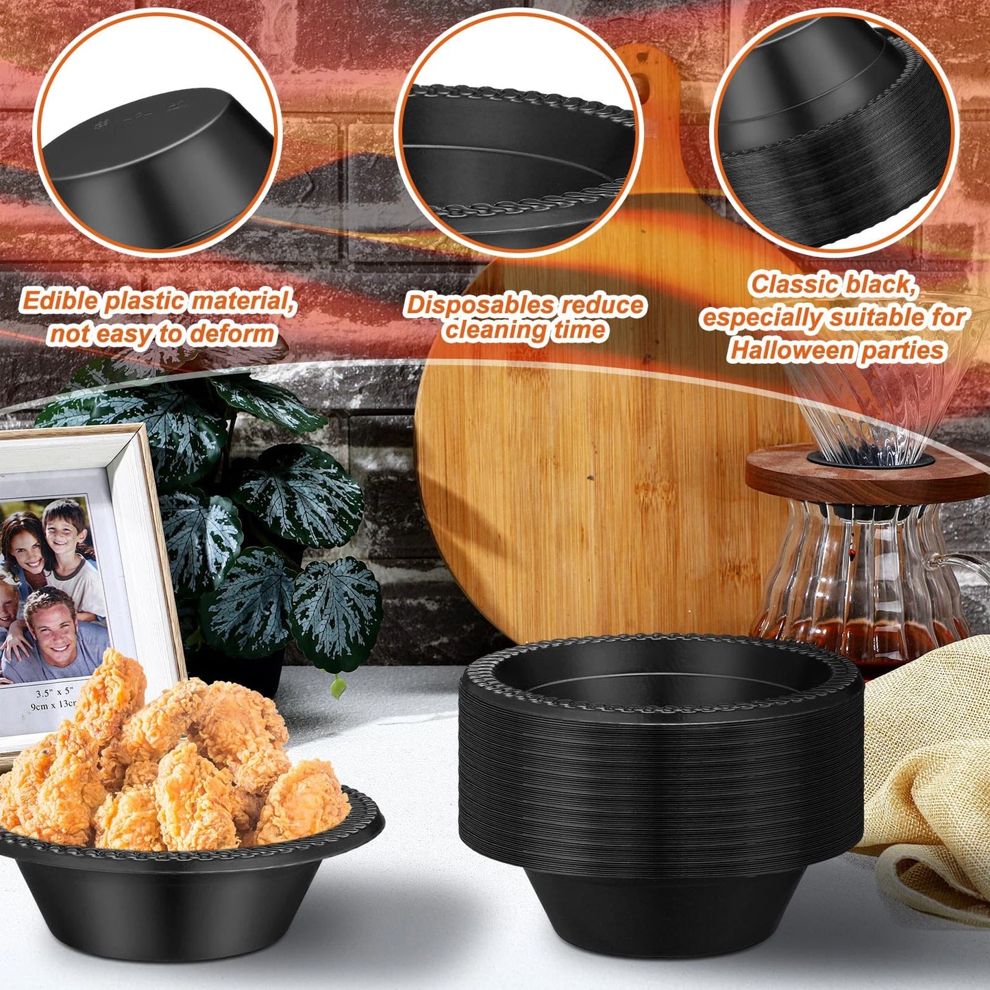 Lallisa 100 Pcs 12oz Black Disposable Plastic Bowls Halloween Dessert Cups Ice Cream Snack Salad Soup Food Serving Bowls for Halloween Party Favor Picnic