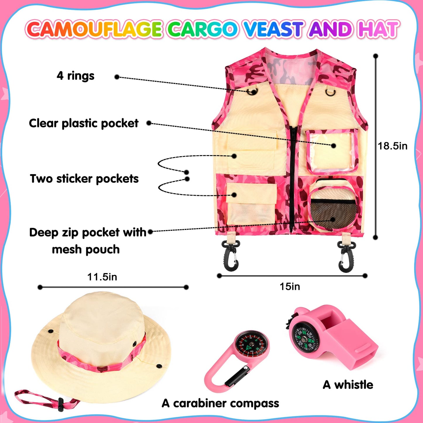 INNOCHEER Kids Explorer Kit & Bug Catcher Kit & Safari Costume Kit, Outdoor Exploration Set with Hat, Vest, Butterfly Net and Bugs Book for Boys Girls 3-12 Years Old (Camouflage Pink)