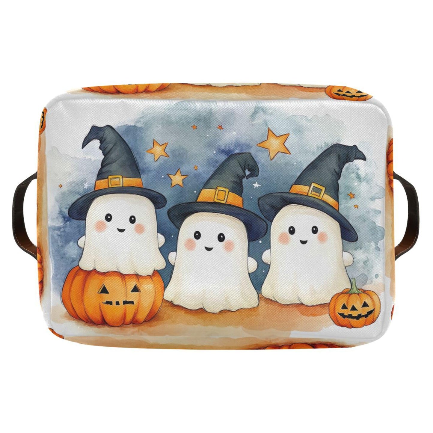 xigua Cute Cartoon Ghosts Storage Basket Foldable Storage Bin, Canvas Rectangular Storage Basket with Leather Handles for Home Closet & Office Decoration