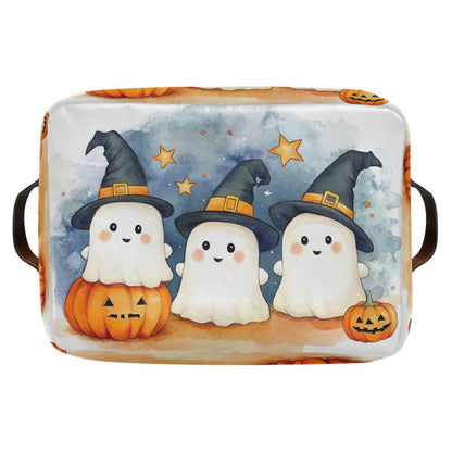 xigua Cute Cartoon Ghosts Storage Basket Foldable Storage Bin, Canvas Rectangular Storage Basket with Leather Handles for Home Closet & Office Decoration