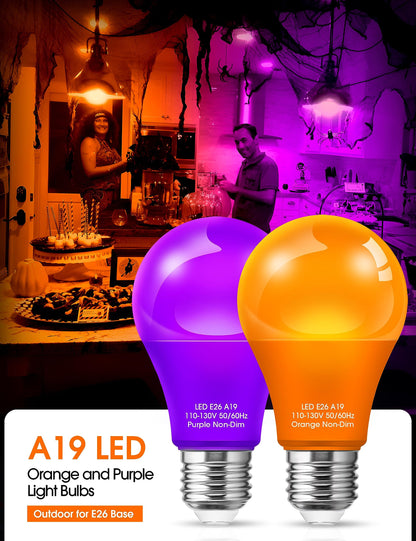 Woxeon Orange Light Bulbs Purple Light Bulbs [4 Pack] - A19 LED Orange Bulb Purple Bulb 9W (60W Equivalent) - E26 Base Outdoor for Halloween Party Porch Holiday Decor