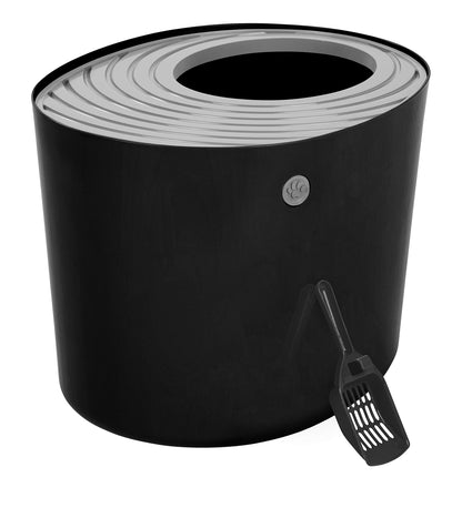 IRIS USA Cat Litter Box, Large Top Entry with Litter Catching Lid and Scoop, Dog Proof, Cat Box Enclosure, Black/Gray