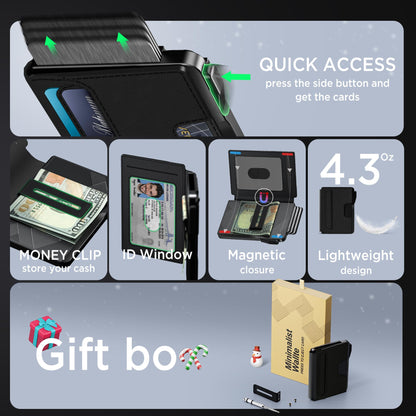 ILAOLIU Wallet for Men - Slim Leather Mens Wallet Pop up Card Holder with Money Clip,Credit Card Slots,ID Window - RFID Blocking Minimalist Wallet (Dark Black)