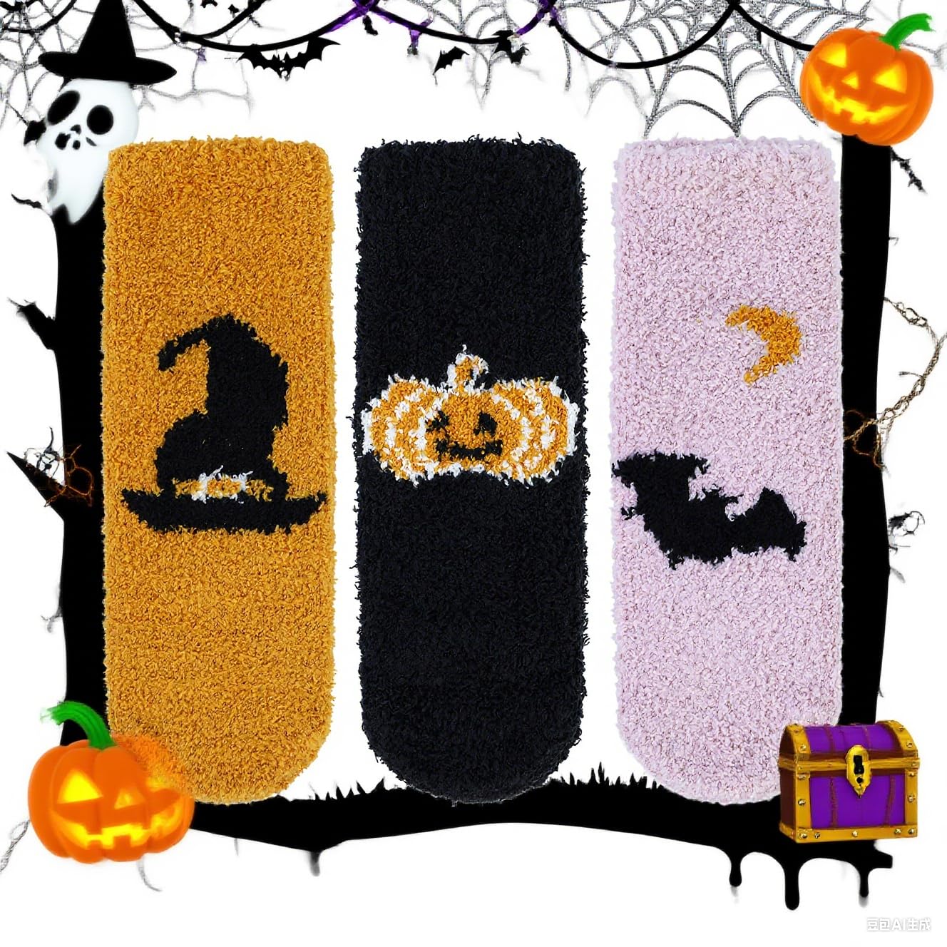Zando Halloween Women's Fuzzy Socks for Women Slipper Socks - Cozy Fluffy Non-Slip Warm Cloud Soft Cute Thick Comfy,for Home, Hospital, Yoga, Work A 3/Ghost print
